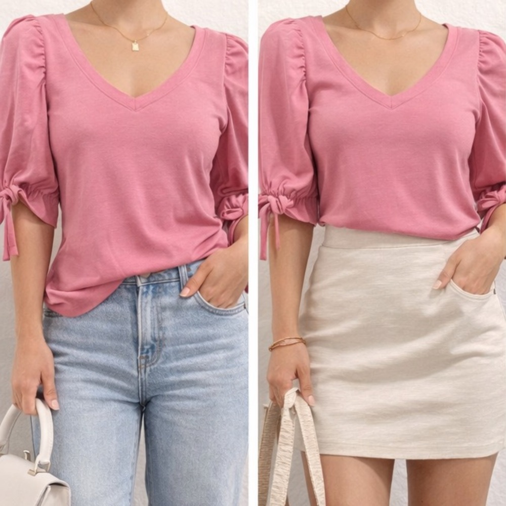 Pink Puff Sleeve Top – Tie Cuff Detail